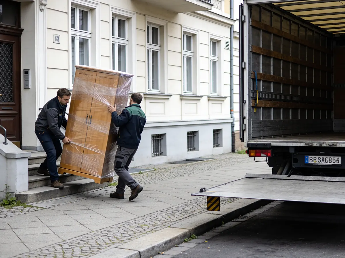 Zwei Umzugshelfer tragen einen verpackten Schrank die Treppe hinunter zum Transporter