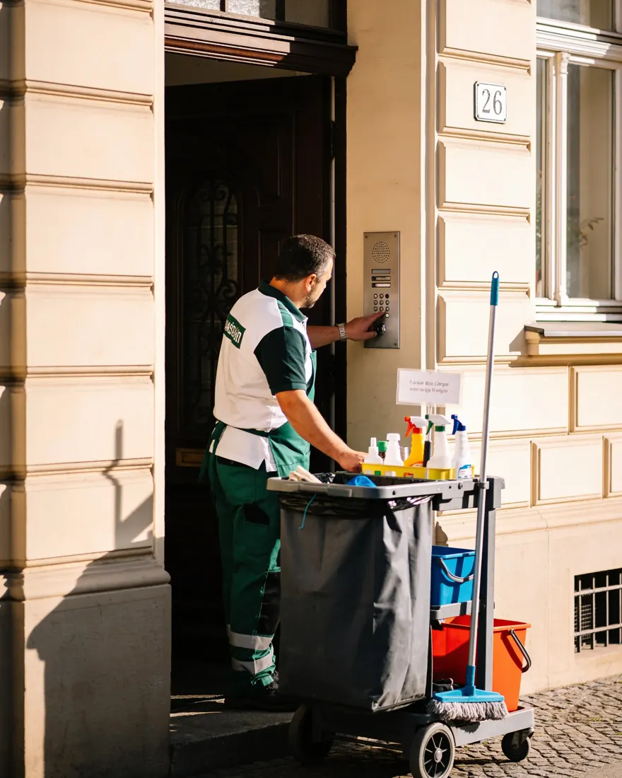 Reinigungskraft klingelt mit ihrem Wagen an einem Altbau