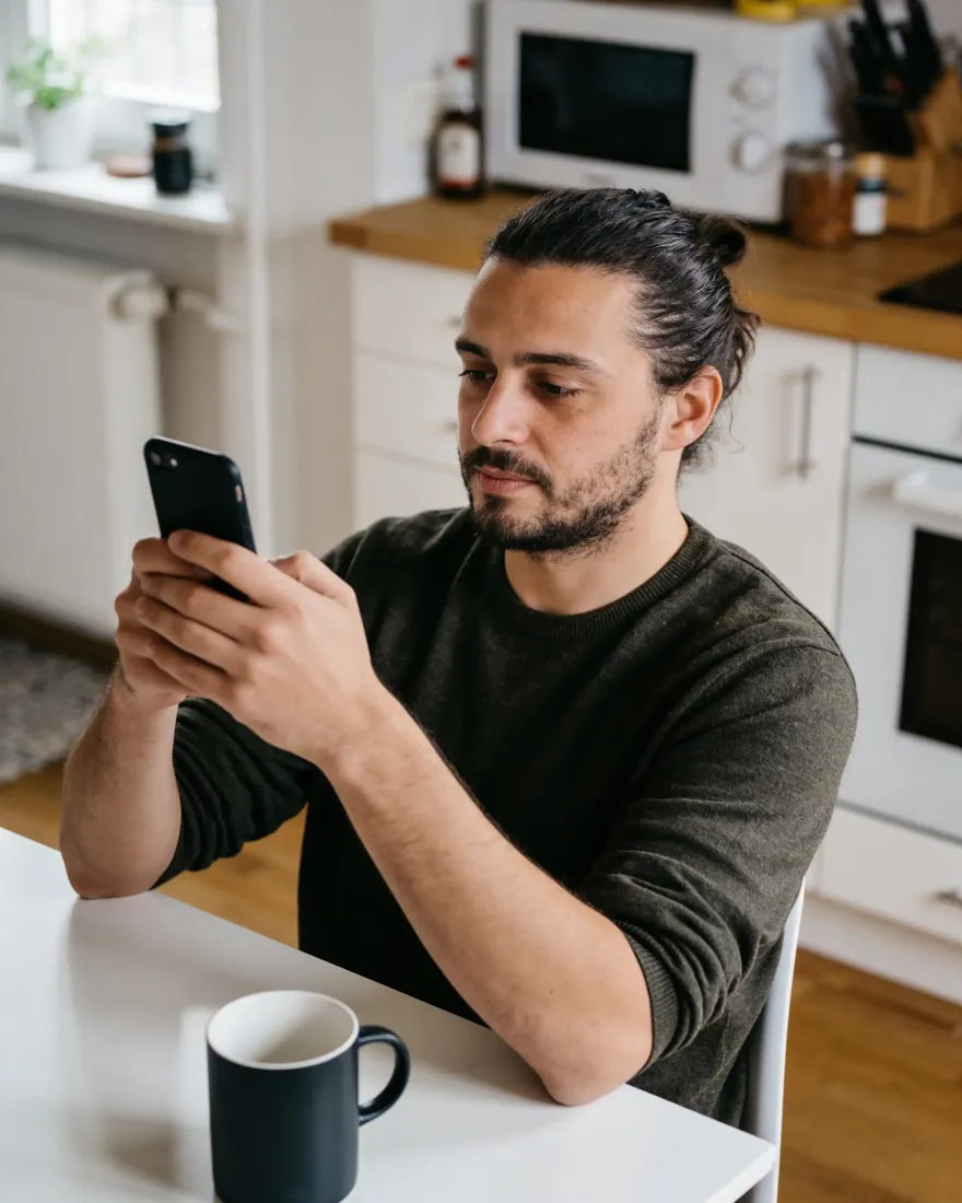Jobber sucht am Küchentisch per Smartphone nach neuen Schichten